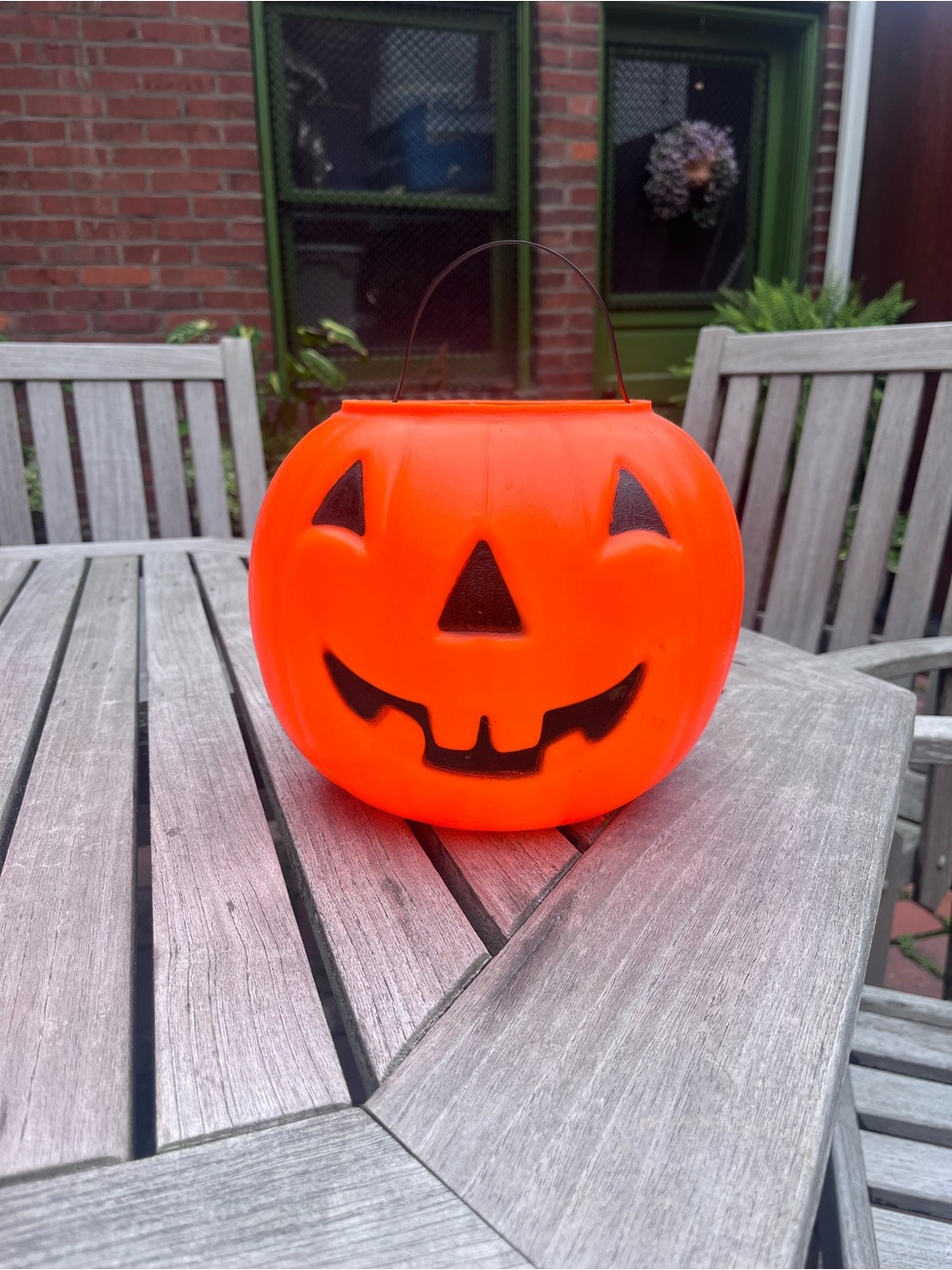 Vintage Plastic Blow Mold Halloween Pumpkin Bucket Pail Riveted Handle Retro